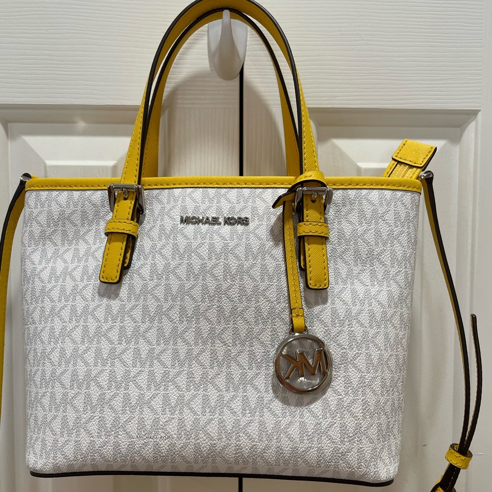 Michael Kors Mini Tote White/Grey with Yellow